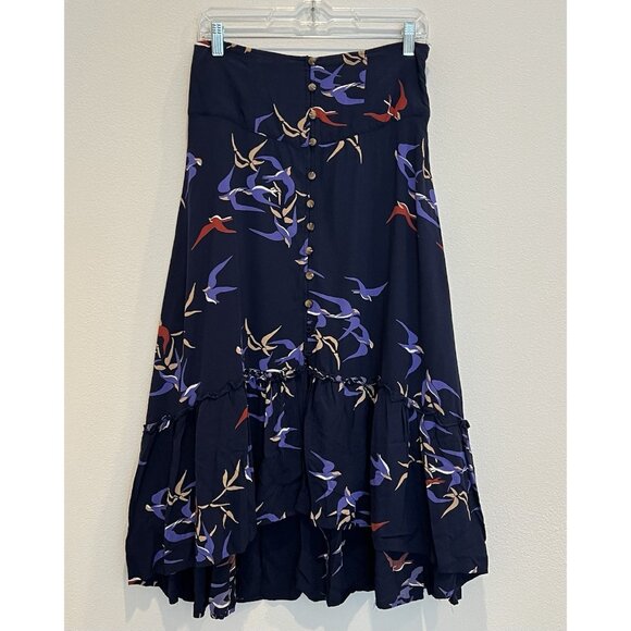 Anthropologie Maeve Women’s Midi Skirt Size 4 Merida Birds Graphic Flounced Blue - Picture 14 of 16